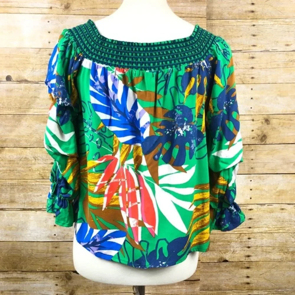 Jealous Tomato Green‎ Tropical Leaf Print Blouse M